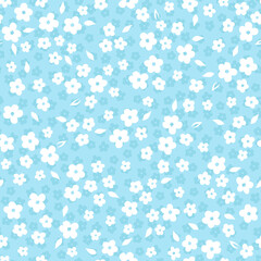 Vector white small fun daisy flowers repeat pattern on blue background. Suitable for textile, gift wrap and wallpaper.