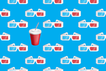 3d glasses and soda vector pattern on blue
