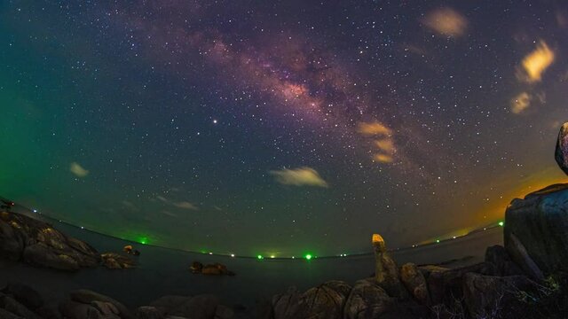 4k Starry night Time lapse. Milky way galaxy stars moving over the rock  Hinta Hinyai rock beach Koh Samui ,Suratthani ,thailand