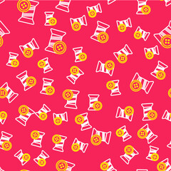 Line Sewing thread on spool and button icon isolated seamless pattern on red background. Yarn spool. Thread bobbin. Vector
