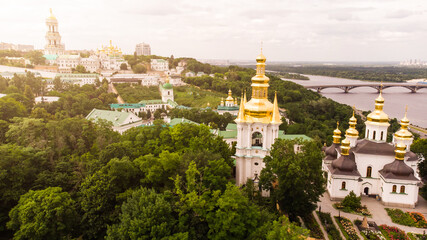Fototapeta na wymiar Kiev overview with Dnieper river and Kiev Pechersk Lavra or Kyiv Pechersk Lavra, Kyievo-Pechers'ka lavra