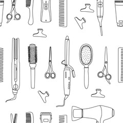 Barber tools on a white background in a seamless pattern. Line art of hair salon accessories for template, business cards, textiles or wrapping paper. Vector illustration, outline, shape, sketch.