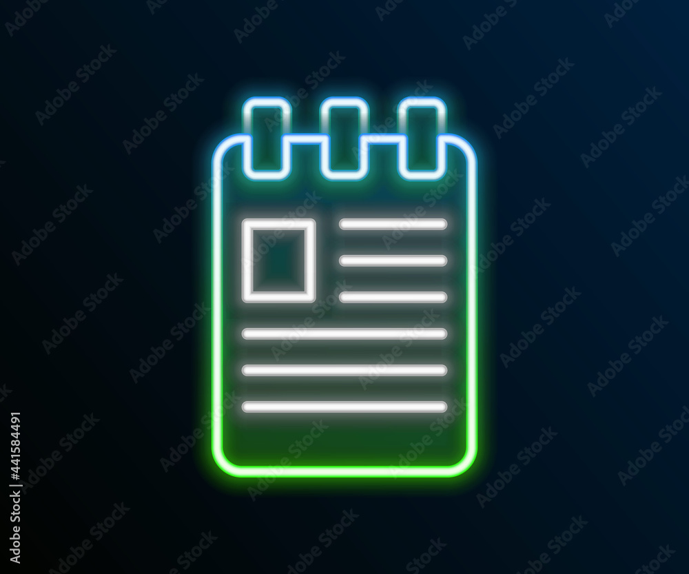 Poster glowing neon line notebook icon isolated on black background. spiral notepad icon. school notebook. 