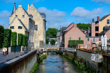 Fototapeta na wymiar The River Geul flowing past historic buildings in the town of Valkenburg aan de Geul in the province of Limburg in the Netherlands.