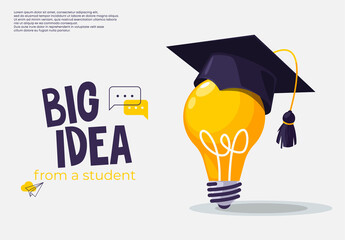 Vector illustration of the concept of a big idea from a student, a square academic cap of a student is put on an electric light bulb for light