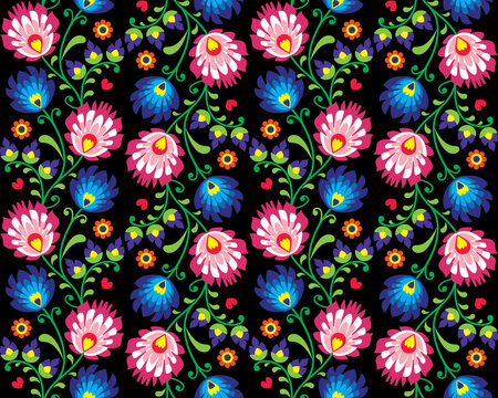 Polish folk art vector pattern with flowers - Wycinanka Lowicka, traditional retro ethnic design on black background

