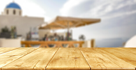 Table background of free space and summer landscape of Greece 