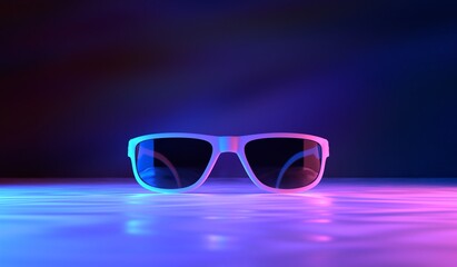 Sunglasses on table top with hot pink and blue lighting creating modern styled fashion look and...