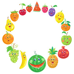 Collection of funny colorful fruits arranged in a circle. In cartoon style. Isolated on white background. Place for your text. Vector flat illustration.