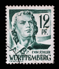 Stamp printed in Germany, French Occupation of Wurttemberg shows Friedrich von Schiller, poet and writer, circa 1947