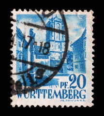 Stamp printed in Germany, French Occupation of Wurttemberg shows City Gate from Wangen, circa 1948