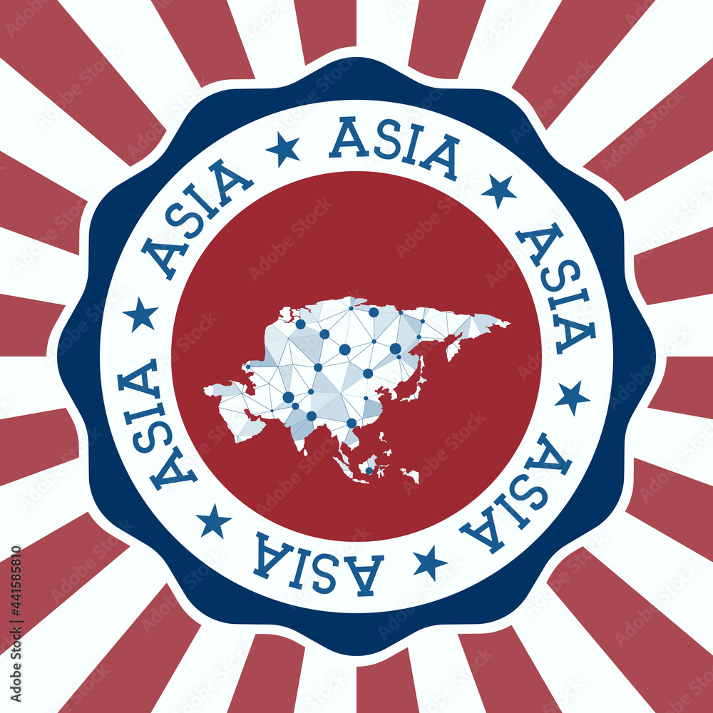 Aufkleber asia badge. round logo of continent with triangular mesh map and radial rays. eps10 vector.