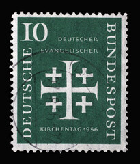 Stamp printed in Germany, shows Five crosses,     German Evangelical Church Assembly, circa 1956