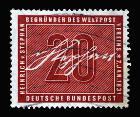 Stamp printed in Germany, shows signature of Ernst Heinrich Wilhelm von Stephan, was a general post director for the German Empire who reorganized the German postal service, circa 1956