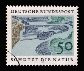 Stamp printed in Germany showing a landscape: River, European Nature Preservation Year, circa 1969