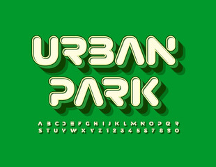 Vector green banner Urban Park with creative trendy Font. Techno 3D Alphabet Letters and Numbers set