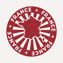 France stamp. Travel red rubber stamp with the map of country, vector illustration. Can be used as insignia, logotype, label, sticker or badge of the France.