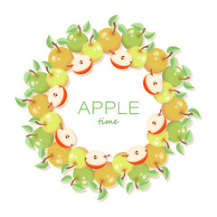 Fototapeta premium Apples delicious sweet fruit. Vector frame. Design with apple and leaf. Colored frame of apples.