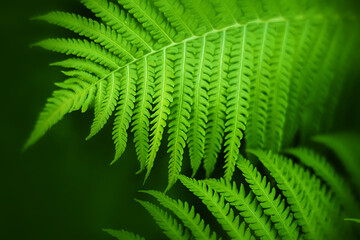 Bright green beautiful young fern leaves grow in the summer in a dark forest. Nature.