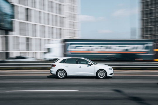 Ukraine, Kyiv - 29 April 2021: White Audi S3 car moving on the street. Editorial