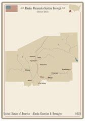 Map on an old playing card of Matanuska-Susitna borough in Alaska, USA.