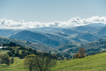 Mountainous landscape with grassy meadows under blue sky