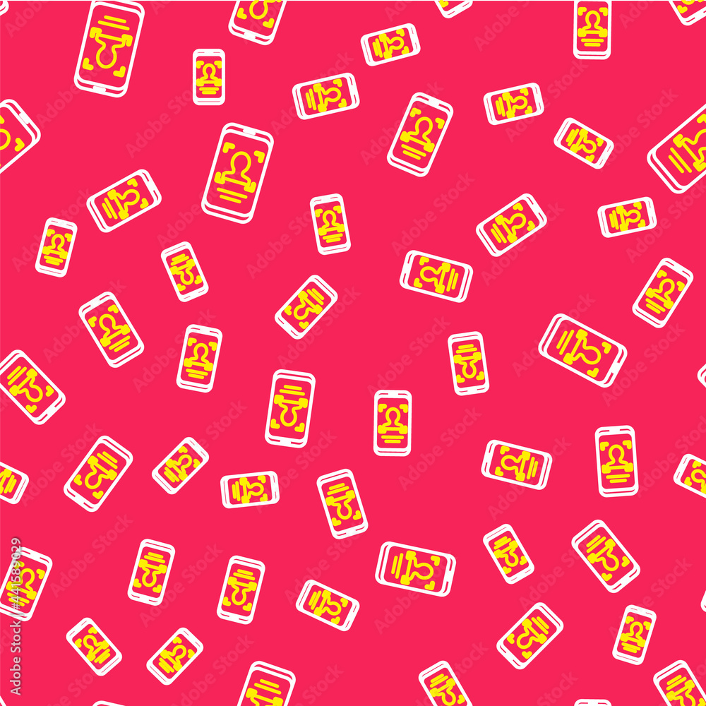 Poster line mobile phone and face recognition icon isolated seamless pattern on red background. face identi