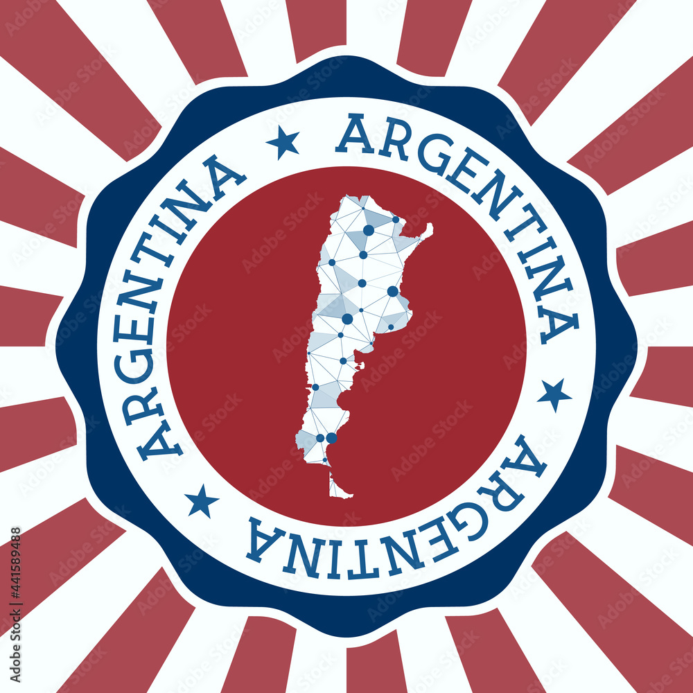 Poster argentina badge. round logo of country with triangular mesh map and radial rays. eps10 vector.