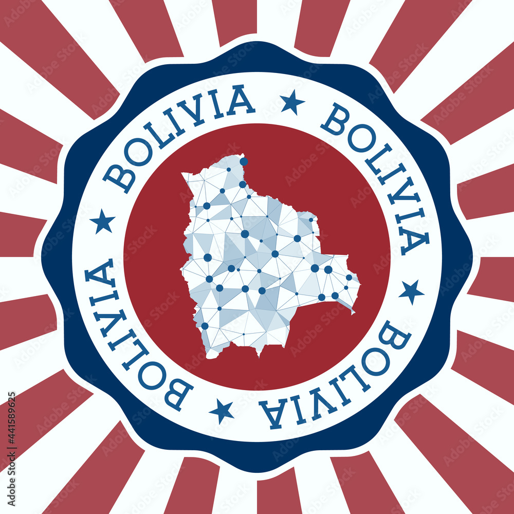 Poster bolivia badge. round logo of country with triangular mesh map and radial rays. eps10 vector.