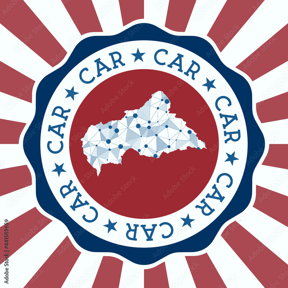 Poster car badge. round logo of a country with a triangular mesh map and radial rays. eps10 vector.