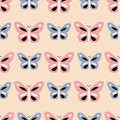Pink and blue butterfly geometric striped pattern on tan background