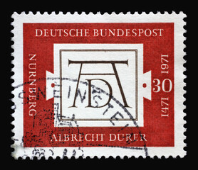 Stamp printed in Germany shows AD, Signum by Albrecht Durer (1471-1528), painter and graphic artist, 500th Birth Anniversary of Albrecht Durer, circa 1971