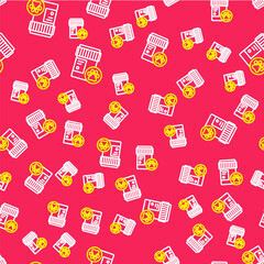 Line Dog medicine bottle icon isolated seamless pattern on red background. Container with pills. Prescription medicine for animal. Vector