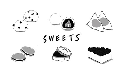 Hand drawn illustration of Japanese dessert collection in simple drawing 