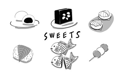 Hand drawn illustration of Japanese sweets collection in simple drawing 