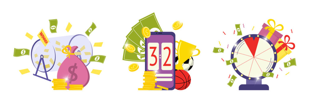 Playing lottery awards raffle, sports betting and fortune wheel icon set. Taking part in prize draw symbols. Online gambling addiction collection vector eps illustration isolated on white background