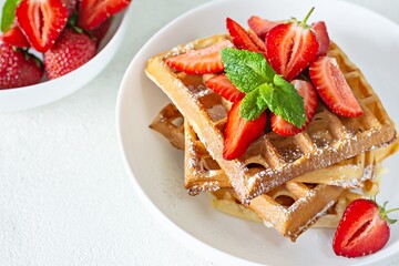 Fresh crisp Belgian waffles with ripe strawberries, mint and honey for breakfast on a light background.