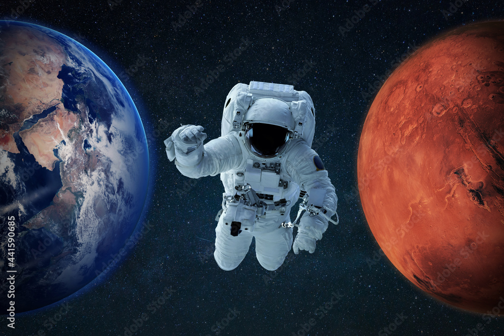 Poster spaceman in outer space with blue planet earth and red planet mars. concept of new home. astronaut t