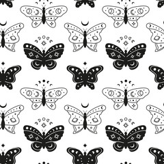 Fototapeta na wymiar Seamless pattern with crescent moon, black and outline butterflies, stars.