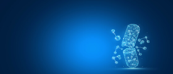Medical, pharmacy, antibiotic, health, vitamin, treatment 3D illustration or banner. Pharmaceutical background with glowing medicinal capsule, pill. Polygonal low poly design on blue background