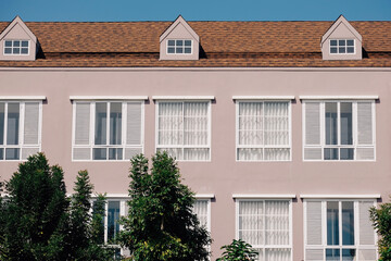 exterior of a old rose colored painting vintage modern building design in day light with trees in forground