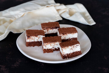 Small tiramisu cake on dark background