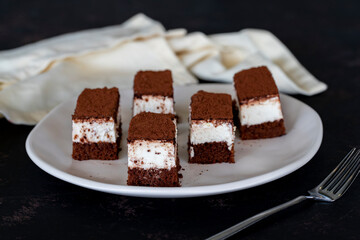 Small tiramisu cake on dark background