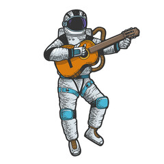 Astronaut in spacesuit play guitar color line art sketch engraving vector illustration. T-shirt apparel print design. Scratch board style imitation. Black and white hand drawn image.