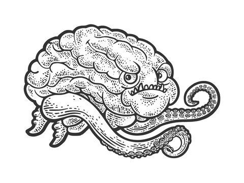Cartoon alien brain with tentacles and face line art sketch engraving vector illustration. T-shirt apparel print design. Scratch board imitation. Black and white hand drawn image.