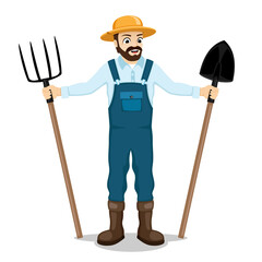 Illustration of a farmer with a pitchfork and a shovel in his hands on a white background.