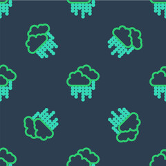 Line Cloud with rain icon isolated seamless pattern on blue background. Rain cloud precipitation with rain drops. Vector