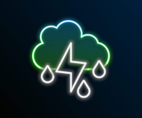 Glowing neon line Cloud with rain and lightning icon isolated on black background. Rain cloud precipitation with rain drops.Weather icon of storm. Colorful outline concept. Vector