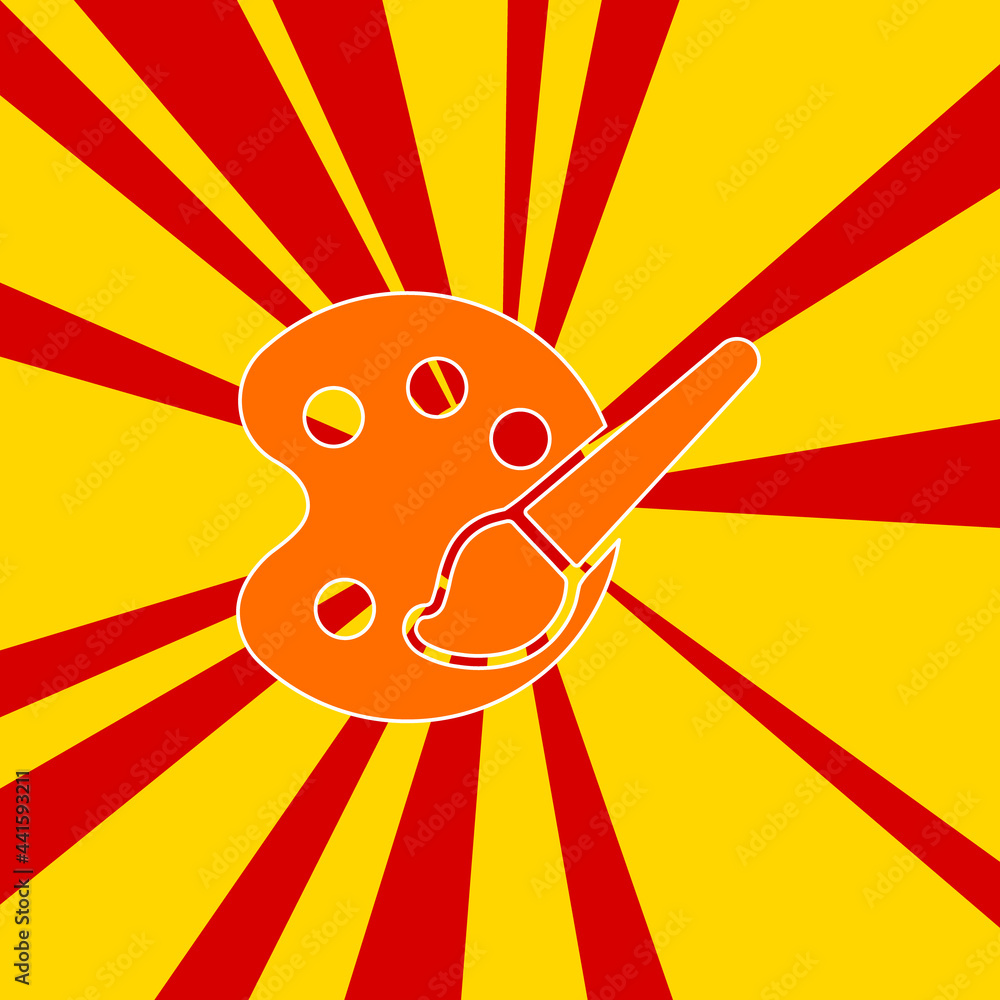 Poster palette symbol on a background of red flash explosion radial lines. the large orange symbol is locat