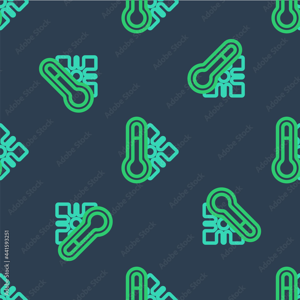 Poster line meteorology thermometer measuring icon isolated seamless pattern on blue background. thermomete